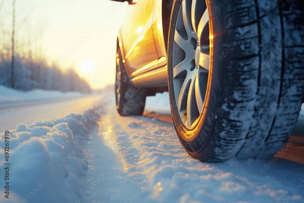 A close up view of a car driving on a snowy road. Perfect for winter driving or transportation concepts