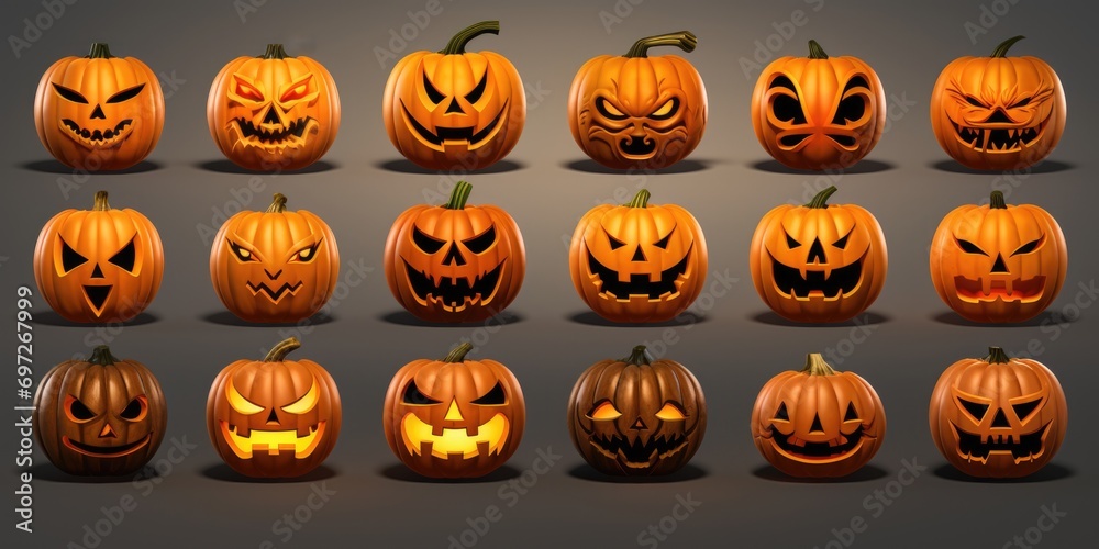 A collection of carved pumpkins with unique and expressive faces. Perfect for Halloween decorations or creating a festive atmosphere. A collection of carved pumpkins with unique and expressive faces. Perfect for Halloween decorations or creating a festive atmosphere.