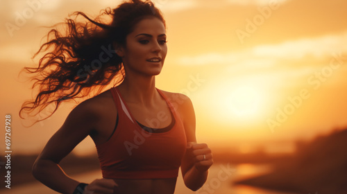 beautiful sports girl jogging in twilight summer time during sunset or sunrise, her hair is nicely blown out while running