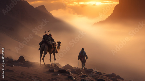 silhouettes of a man and a camel in the desert rocky mountains during a sandstorm at sunset