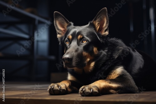 A black and brown dog resting on a wooden floor. Suitable for pet-related articles or advertisements