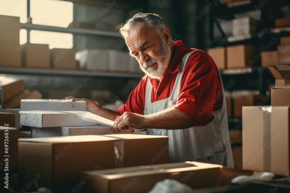 A man is seen working in a warehouse, surrounded by boxes. This image can be used to showcase manual labor, logistics, or the concept of hard work A man is seen working in a warehouse, surrounded by boxes. This image can be used to showcase manual labor, logistics, or the concept of hard work