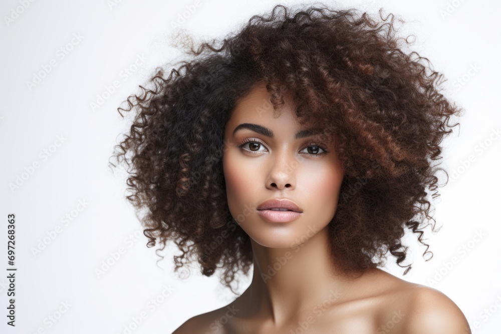 A beautiful young woman with curly hair posing for a picture. Ideal for lifestyle and fashion-related projects A beautiful young woman with curly hair posing for a picture. Ideal for lifestyle and fashion-related projects
