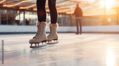 Ice skates resting on an ice rink, perfect for winter sports or recreational activities