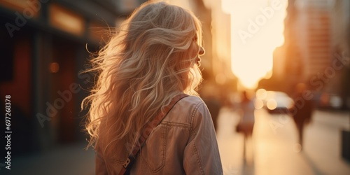 A woman with long blonde hair walking down a street. Suitable for various urban-themed projects
