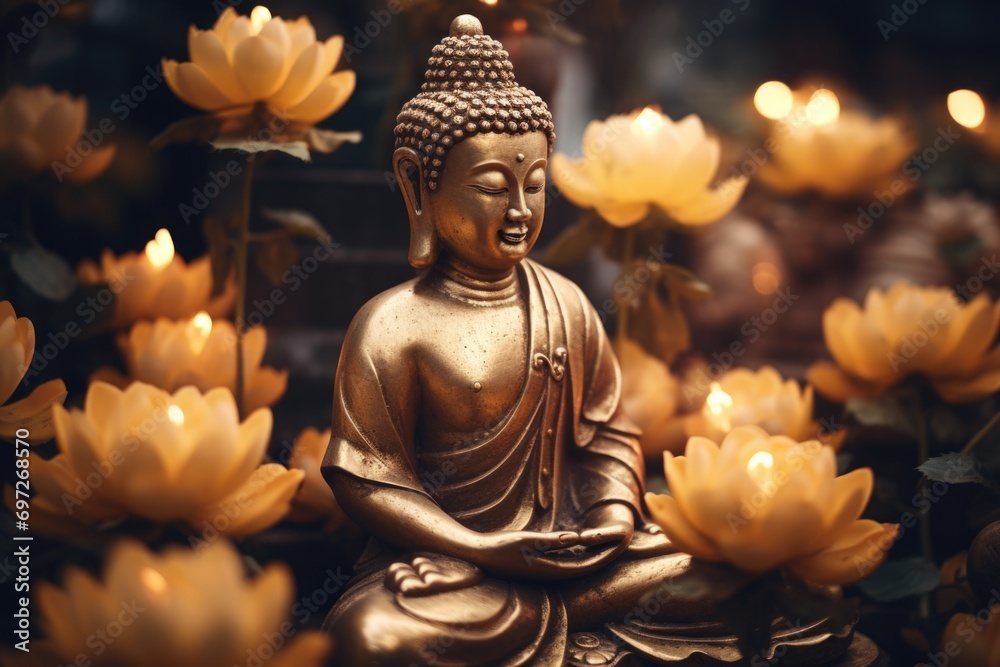 A serene statue of Buddha sitting peacefully amidst a vibrant field of flowers. Perfect for adding a touch of tranquility and spirituality to any project