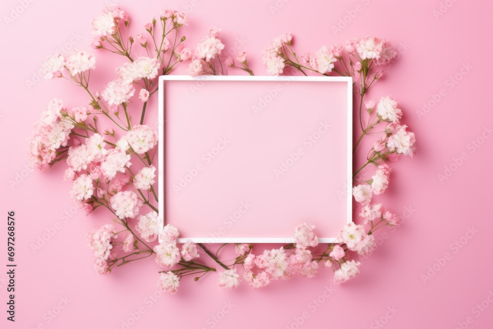 A white frame is surrounded by pink flowers on a pink background. This picture can be used for various decorative purposes A white frame is surrounded by pink flowers on a pink background. This picture can be used for various decorative purposes