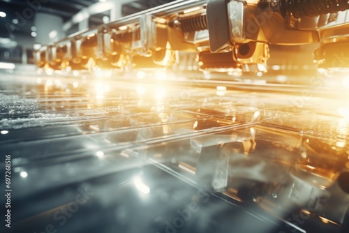 A busy factory conveyor belt filled with numerous machines. Versatile image suitable for illustrating manufacturing  production  and automation processes