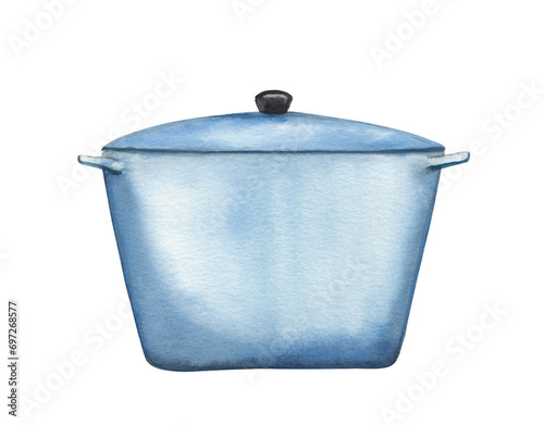 Blue Cooking pot Watercolor illustration Handpainted clipart photo