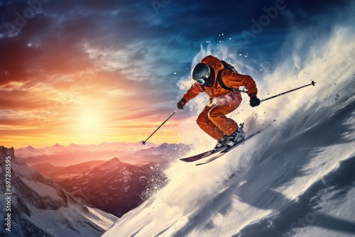 A man is seen riding skis down the side of a snow-covered slope. This image can be used to depict winter sports and outdoor activities