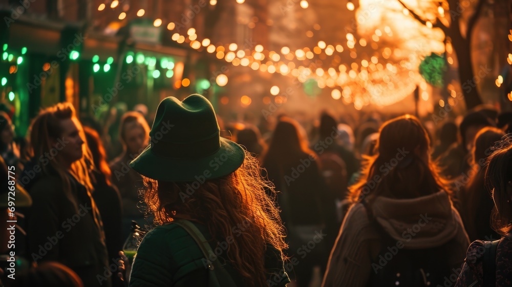 Dusk time people celebrating saint patric day in green hats Dusk time people celebrating saint patric day in green hats