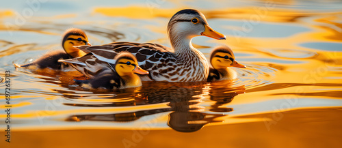 Mother duck swimming with ducklings at sunset photo