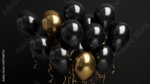 Black and gold balloons arranged in a bunch on a black background. Perfect for celebrations and festive occasions