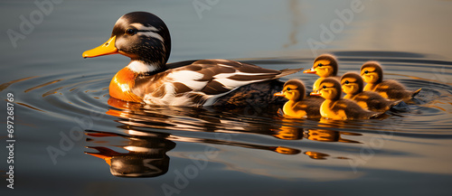 Mother duck swimming with ducklings at sunset
