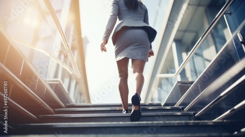 A woman in a skirt walking up a flight of stairs. Suitable for various lifestyle and fitness themes
