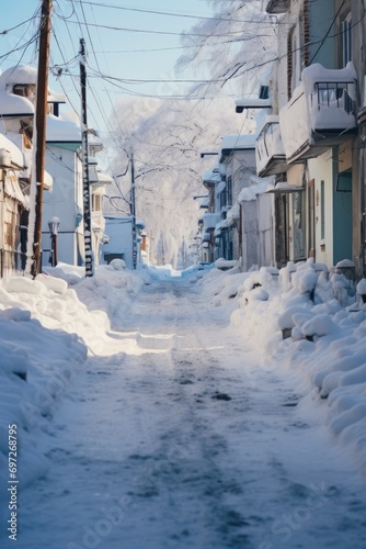 A snow-covered street lined with buildings, with a tall building standing prominently in the background. This picture can be used to depict winter scenes in urban areas © Fotograf