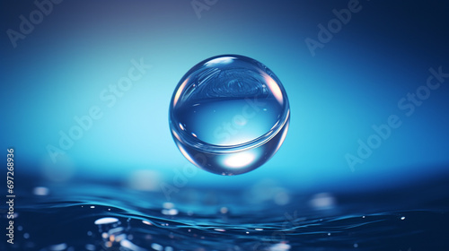 beautiful blue spherical water droplet above water surface