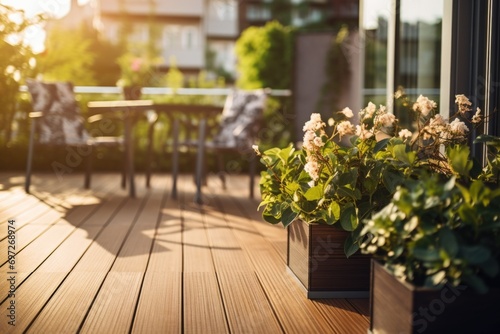 A wooden deck featuring a table and chairs, perfect for outdoor dining and relaxation photo