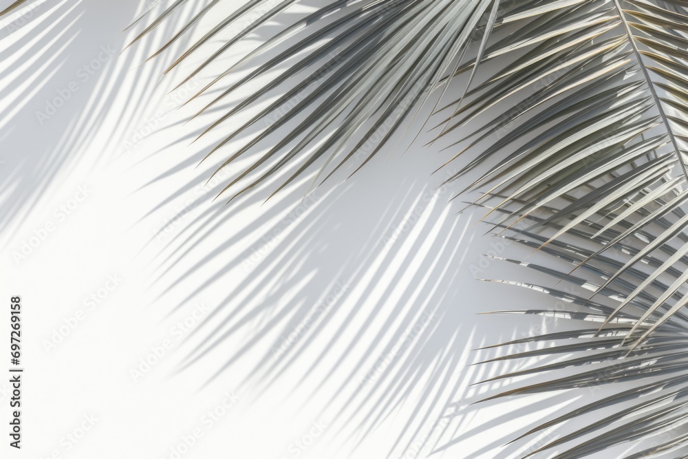 Obraz premium A detailed view of a palm leaf against a white wall. Perfect for adding a touch of nature to any design or decoration