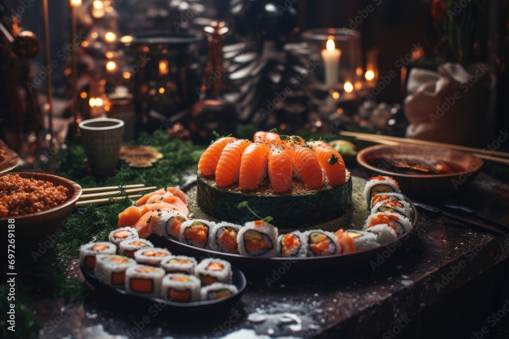 A table adorned with plates of sushi and candles, creating a cozy and intimate ambiance. Perfect for a romantic dinner or a special occasion.