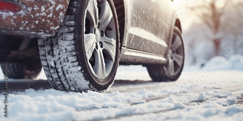 A close-up shot of a car on a snowy road. Perfect for winter driving or road trip concepts