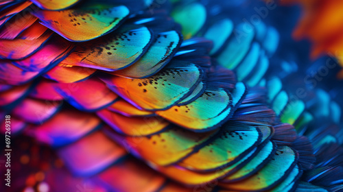 plumage of a colorful parrot or other bird close-up, beautiful iridescent colors