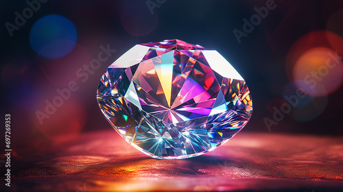 close-up of a large precious brilliant diamond shimmering with a purplish-violet glow