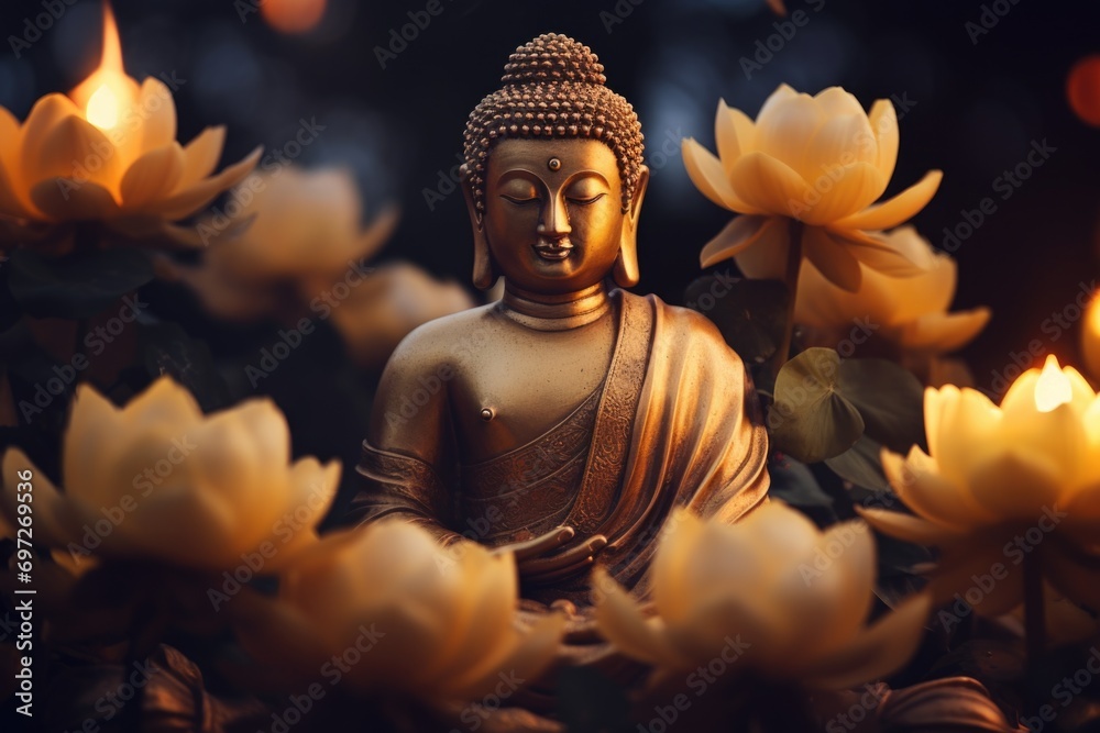 A serene Buddha statue surrounded by beautiful flowers. Perfect for adding a touch of tranquility to any space