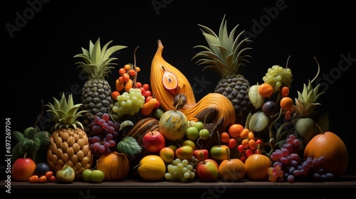 A striking display of intricately carved fruit sculptures  showcasing a variety of shapes and textures against a dark backdrop.