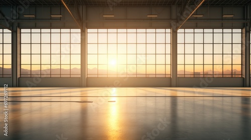 An empty room with large windows showcasing a breathtaking sunset in the background. Perfect for capturing the tranquility and beauty of nature s colors.