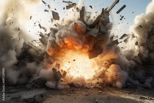 A large explosion of rocks and debris in the air. Perfect for illustrating destruction or disaster scenarios photo