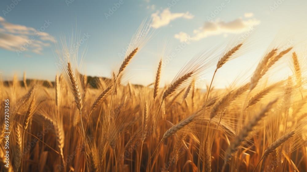 A tranquil, golden-hued field of wheat swaying gently in the breeze.