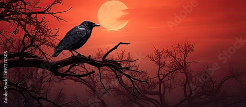 A crow on a branch beneath a red full moon's eerie atmosphere.