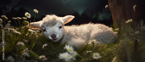 Lamb resting in a moonlit field