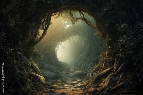 A tunnel in the middle of a forest. Suitable for nature-themed designs and outdoor concepts