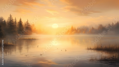 A tranquil and mist-covered lake at dawn, where the rising sun casts a warm, golden glow on the tranquil waters, shrouded in a delicate veil of fog.
