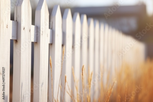 A close-up view of a fence with tall grass in the foreground. This image can be used to depict rural landscapes  nature  or outdoor themes