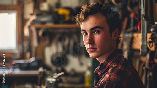 A young craftsman stands confidently in a workshop full of tools, looking directly at the camera.
