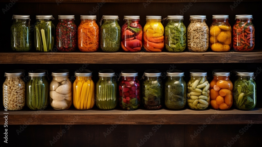 A visually arresting arrangement of vibrant pickled vegetables, each displayed in ornate glass jars against a rustic backdrop.