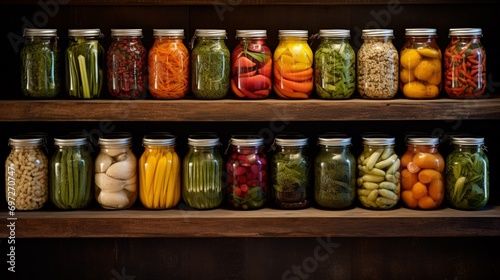 A visually arresting arrangement of vibrant pickled vegetables, each displayed in ornate glass jars against a rustic backdrop.