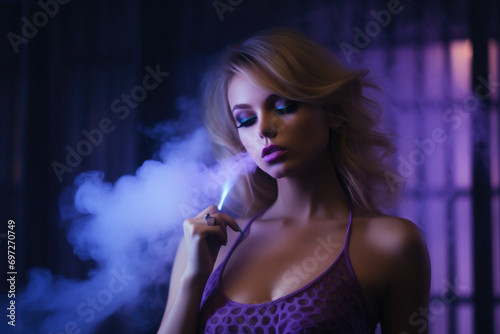 A woman is pictured smoking a cigarette in a dimly lit room. This image can be used to depict addiction, relaxation, or solitude