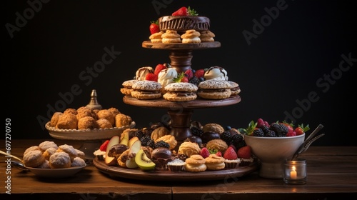 A visually arresting array of assorted pastries, meticulously arranged on a tiered stand against a backdrop of soft, diffused light.