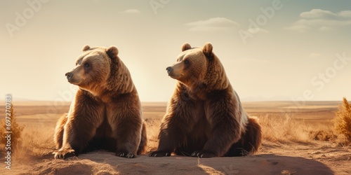 Two brown bears sitting on a dirt field. Suitable for nature and wildlife themes photo