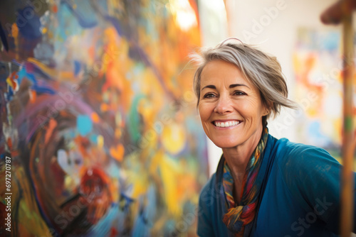 Radiant 55-Year-Old Woman Sharing Art Joy photo