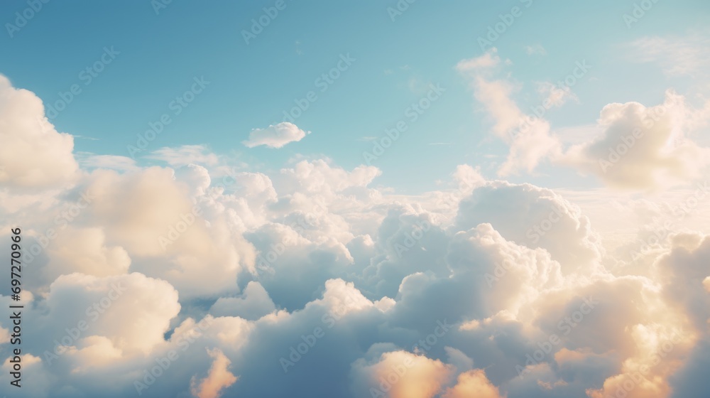 A plane is seen soaring through a sky filled with fluffy clouds. Perfect for travel and adventure themes