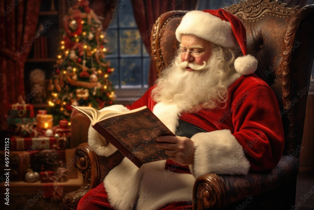 Santa Claus sitting in a chair, engrossed in reading a book. Perfect for Christmas-themed designs and holiday promotions Santa Claus sitting in a chair, engrossed in reading a book. Perfect for Christmas-themed designs and holiday promotions