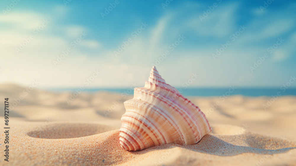 close up of a beautiful small sea shell on clean sand on a beach with no one and a beautiful sky close up of a beautiful small sea shell on clean sand on a beach with no one and a beautiful sky
