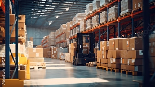 A large warehouse filled with numerous boxes. Suitable for various business and logistics concepts photo