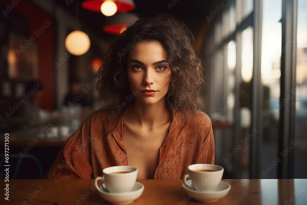 Generative AI portrait of young person sitting dreamy in aroma cafeteria enjoying morning coffee Generative AI portrait of young person sitting dreamy in aroma cafeteria enjoying morning coffee