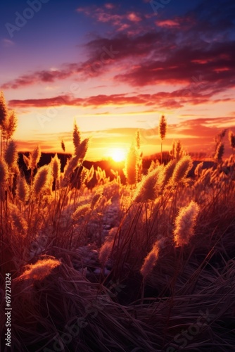 The sun is setting over a beautiful field of tall grass. Perfect for nature and landscape themes